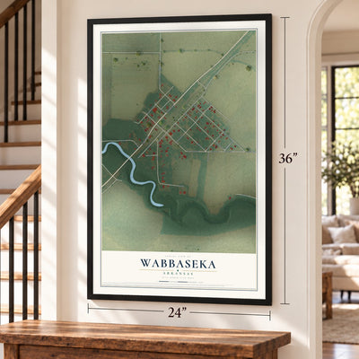 Wabbaseka, Arkansas map, 24 x 36 inch print in a black frame by a staircase