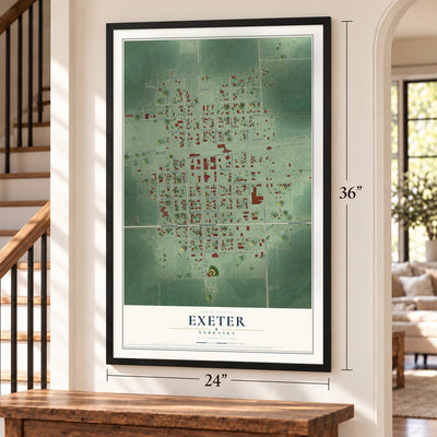 Exeter, Nebraska map, 24 x 36 inch print in a black frame by a staircase