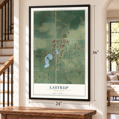 Lastrup, Minnesota map, 24 x 36 inch print in a black frame by a staircase