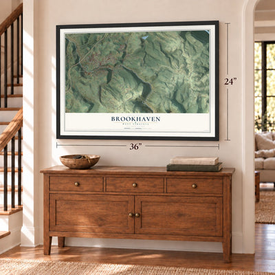 Brookhaven, West Virginia map, 24 x 36 inch print in a black frame above a dresser by a staircase