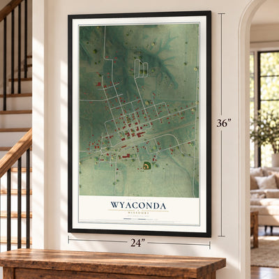 Wyaconda, Missouri map, 24 x 36 inch print in a black frame by a staircase