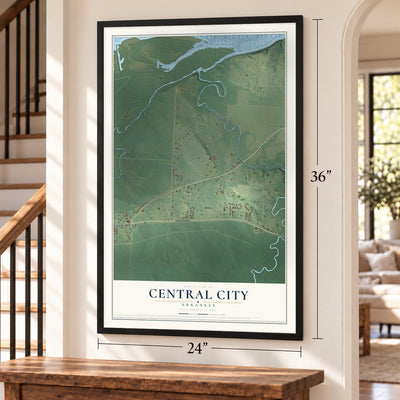 Central City, Arkansas map, 24 x 36 inch print in a black frame by a staircase