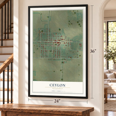 Ceylon, Minnesota map, 24 x 36 inch print in a black frame by a staircase