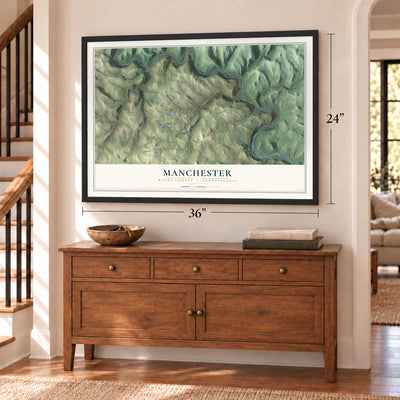Manchester, Wayne County, Pennsylvania map, 24 x 36 inch print in a black frame above a dresser by a staircase