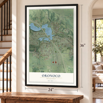 Oronoco, Minnesota map, 24 x 36 inch print in a black frame by a staircase