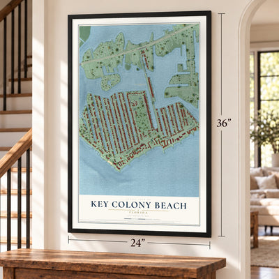 Key Colony Beach, Florida map, 24 x 36 inch print in a black frame by a staircase