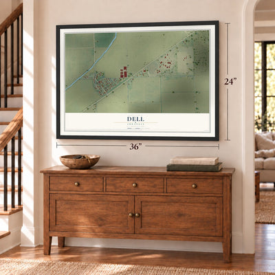 Dell, Arkansas map, 24 x 36 inch print in a black frame above a dresser by a staircase