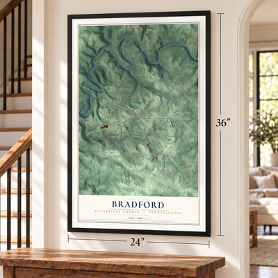 Bradford, Clearfield County, Pennsylvania map, 24 x 36 inch print in a black frame by a staircase