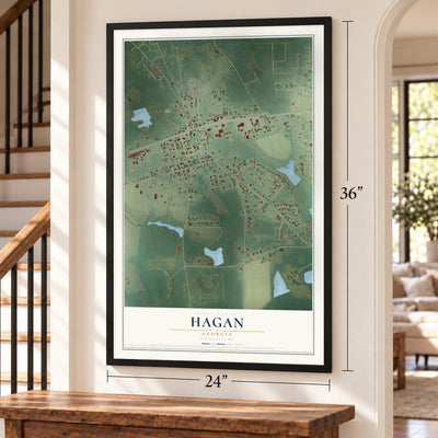 Hagan, Georgia map, 24 x 36 inch print in a black frame by a staircase