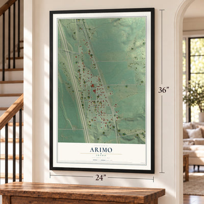 Arimo, Idaho map, 24 x 36 inch print in a black frame by a staircase