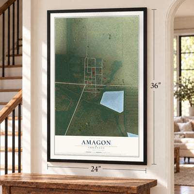 Amagon, Arkansas map, 24 x 36 inch print in a black frame by a staircase