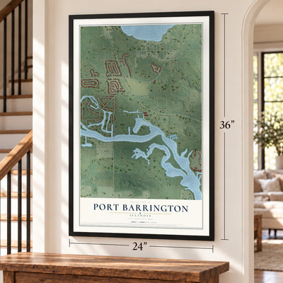 Port Barrington, Illinois map, 24 x 36 inch print in a black frame by a staircase