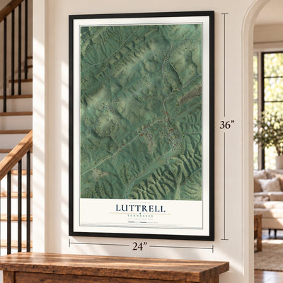 Luttrell, Tennessee map, 24 x 36 inch print in a black frame by a staircase