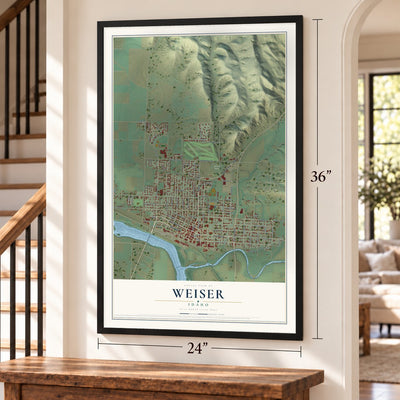 Weiser, Idaho map, 24 x 36 inch print in a black frame by a staircase