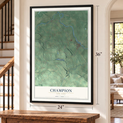 Champion, New York map, 24 x 36 inch print in a black frame by a staircase