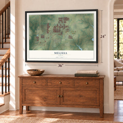 Melissa, Texas map, 24 x 36 inch print in a black frame above a dresser by a staircase