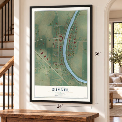Sumner, Mississippi map, 24 x 36 inch print in a black frame by a staircase