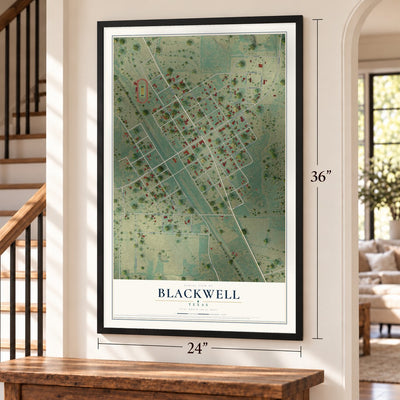 Blackwell, Texas map, 24 x 36 inch print in a black frame by a staircase