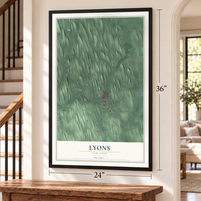 Lyons, New York map, 24 x 36 inch print in a black frame by a staircase