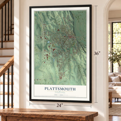 Plattsmouth, Nebraska map, 24 x 36 inch print in a black frame by a staircase