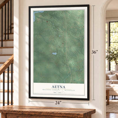 Aetna, Mecosta County, Michigan map, 24 x 36 inch print in a black frame by a staircase
