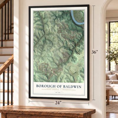 Borough of Baldwin, Allegheny County, Pennsylvania map, 24 x 36 inch print in a black frame by a staircase