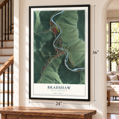 Bradshaw, West Virginia map, 24 x 36 inch print in a black frame by a staircase