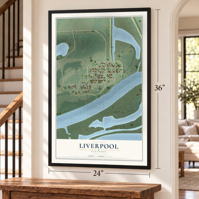 Liverpool, Illinois map, 24 x 36 inch print in a black frame by a staircase