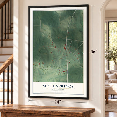 Slate Springs, Mississippi map, 24 x 36 inch print in a black frame by a staircase