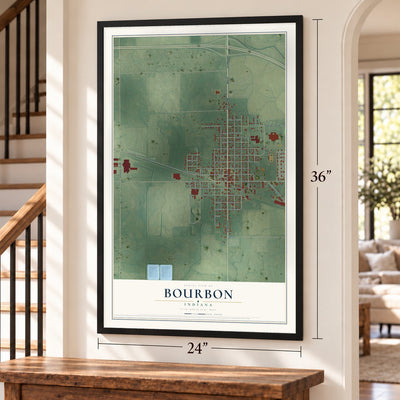 Bourbon, Indiana map, 24 x 36 inch print in a black frame by a staircase