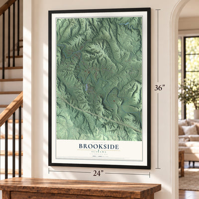 Brookside, Alabama map, 24 x 36 inch print in a black frame by a staircase