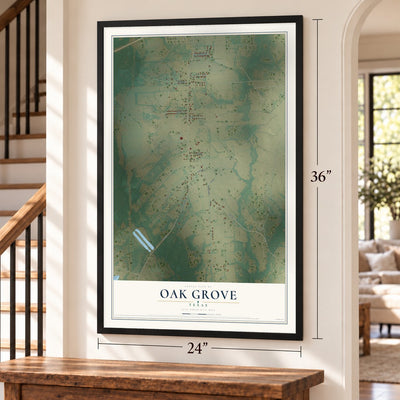 Oak Grove, Texas map, 24 x 36 inch print in a black frame by a staircase