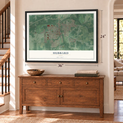Hubbard, Ohio map, 24 x 36 inch print in a black frame above a dresser by a staircase