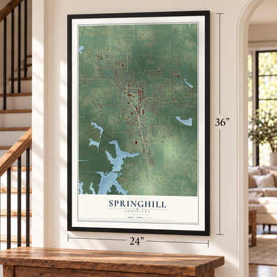 Springhill, Louisiana map, 24 x 36 inch print in a black frame by a staircase