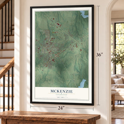 McKenzie, Tennessee map, 24 x 36 inch print in a black frame by a staircase