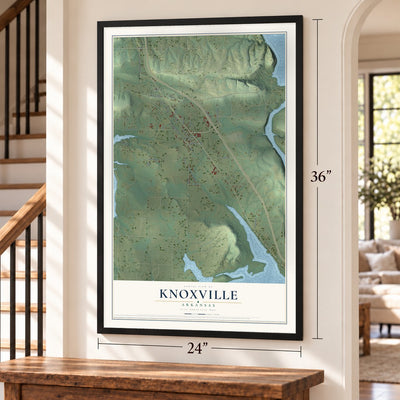 Knoxville, Arkansas map, 24 x 36 inch print in a black frame by a staircase