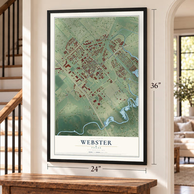Webster, Texas map, 24 x 36 inch print in a black frame by a staircase