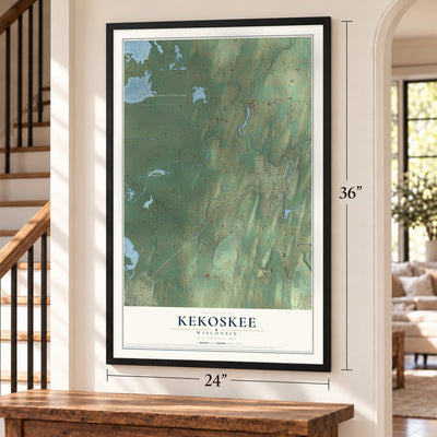 Kekoskee, Wisconsin map, 24 x 36 inch print in a black frame by a staircase