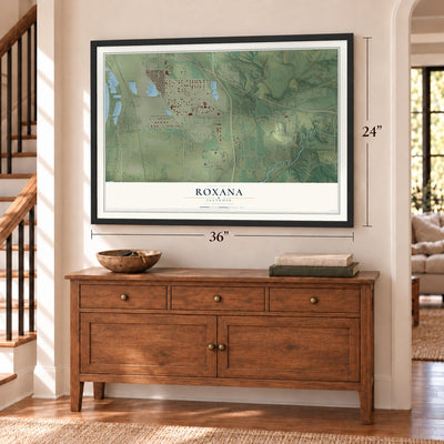 Roxana, Illinois map, 24 x 36 inch print in a black frame above a dresser by a staircase