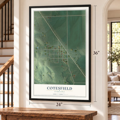 Cotesfield, Nebraska map, 24 x 36 inch print in a black frame by a staircase