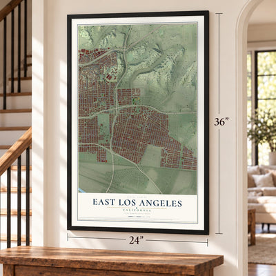 East Los Angeles, California map, 24 x 36 inch print in a black frame by a staircase