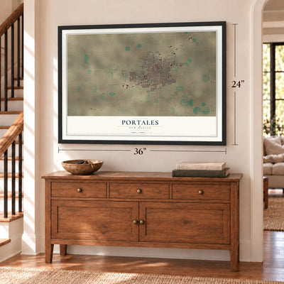 Portales, New Mexico map, 24 x 36 inch print in a black frame above a dresser by a staircase