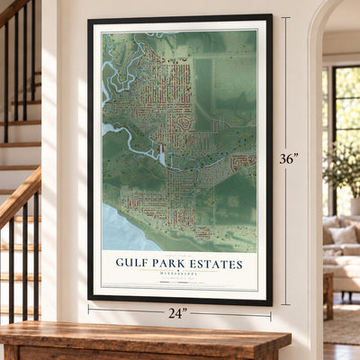 Gulf Park Estates, Mississippi map, 24 x 36 inch print in a black frame by a staircase