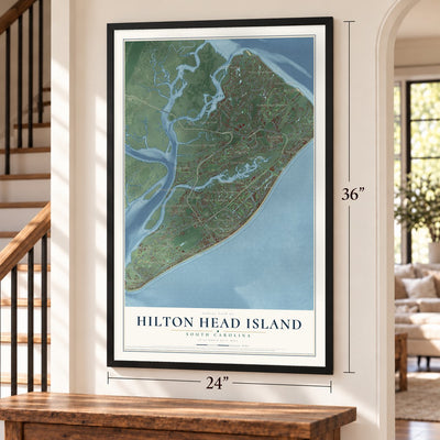 Hilton Head Island, South Carolina map, 24 x 36 inch print in a black frame by a staircase