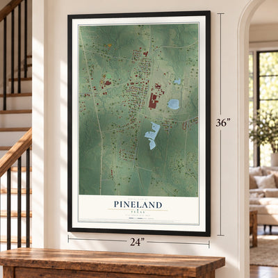 Pineland, Texas map, 24 x 36 inch print in a black frame by a staircase
