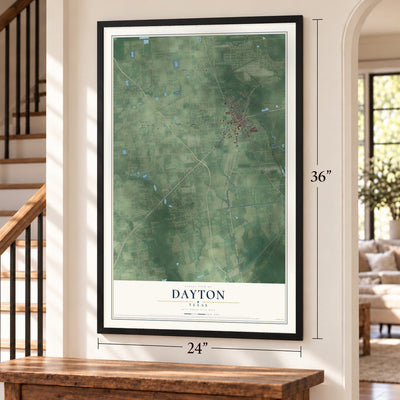 Dayton, Texas map, 24 x 36 inch print in a black frame by a staircase