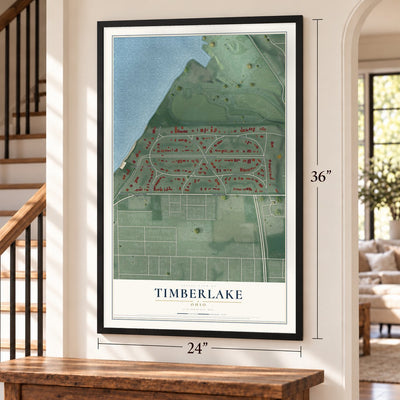 Timberlake, Ohio map, 24 x 36 inch print in a black frame by a staircase