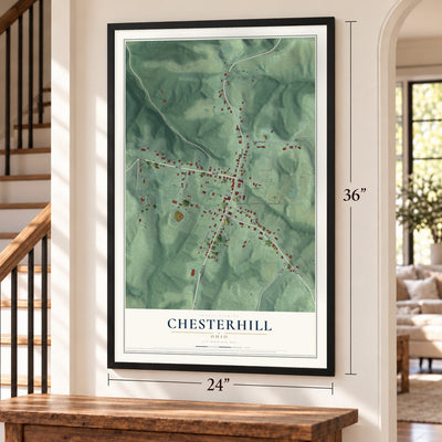 Chesterhill, Ohio map, 24 x 36 inch print in a black frame by a staircase