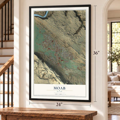 Moab, Utah map, 24 x 36 inch print in a black frame by a staircase