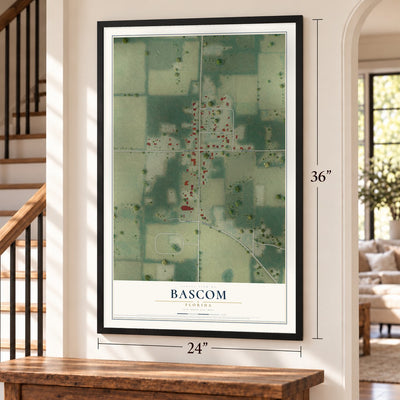 Bascom, Florida map, 24 x 36 inch print in a black frame by a staircase